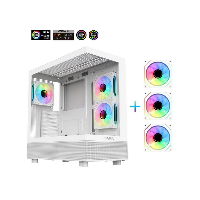 Sama Neview 4361 White Dual USB3.0 and Type C Tempered Glass ATX Mid Tower  Gaming Computer Case w/ 3 x 120mm ARGB Fans (2 x MB Side, 1 x Rear) 