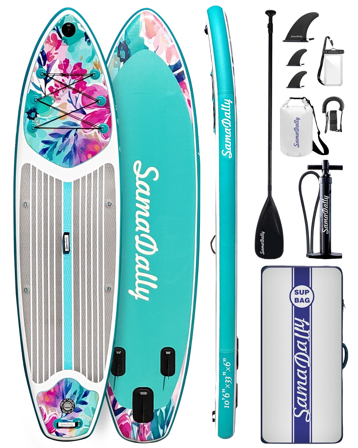 SamaDally 10.6' Inflatable Stand Up Paddle Boards, 32" Paddle Board of All Skill Levels with Complete Inflatble SUP Accessories, Hand Pump, Waterproof Bag, Removable Fin, Leash (Purple Flower)