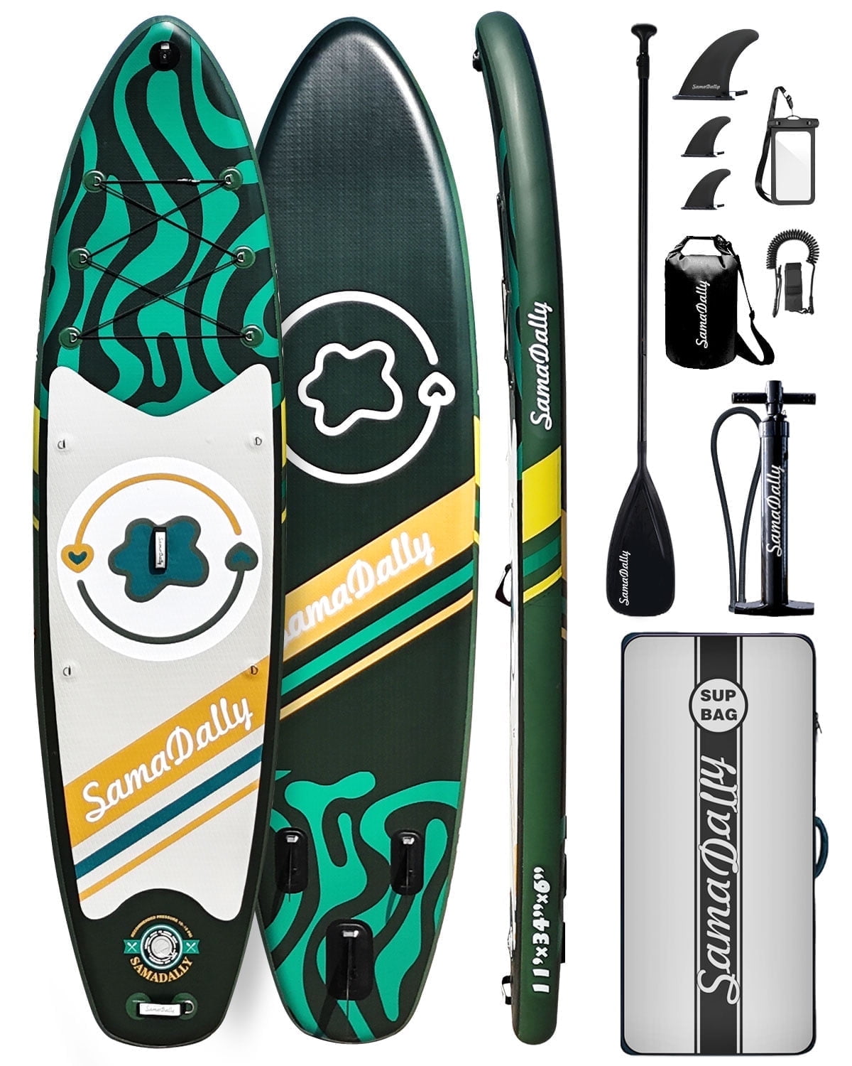 SamamDally 11' Inflatable Paddle Boards for Adults, 34'' Wide All-Around SUP Boards with Premium Accessories, Adjustable Paddle, Removable Fins, Hand Pump & Waterproof Bag (Forest Green)