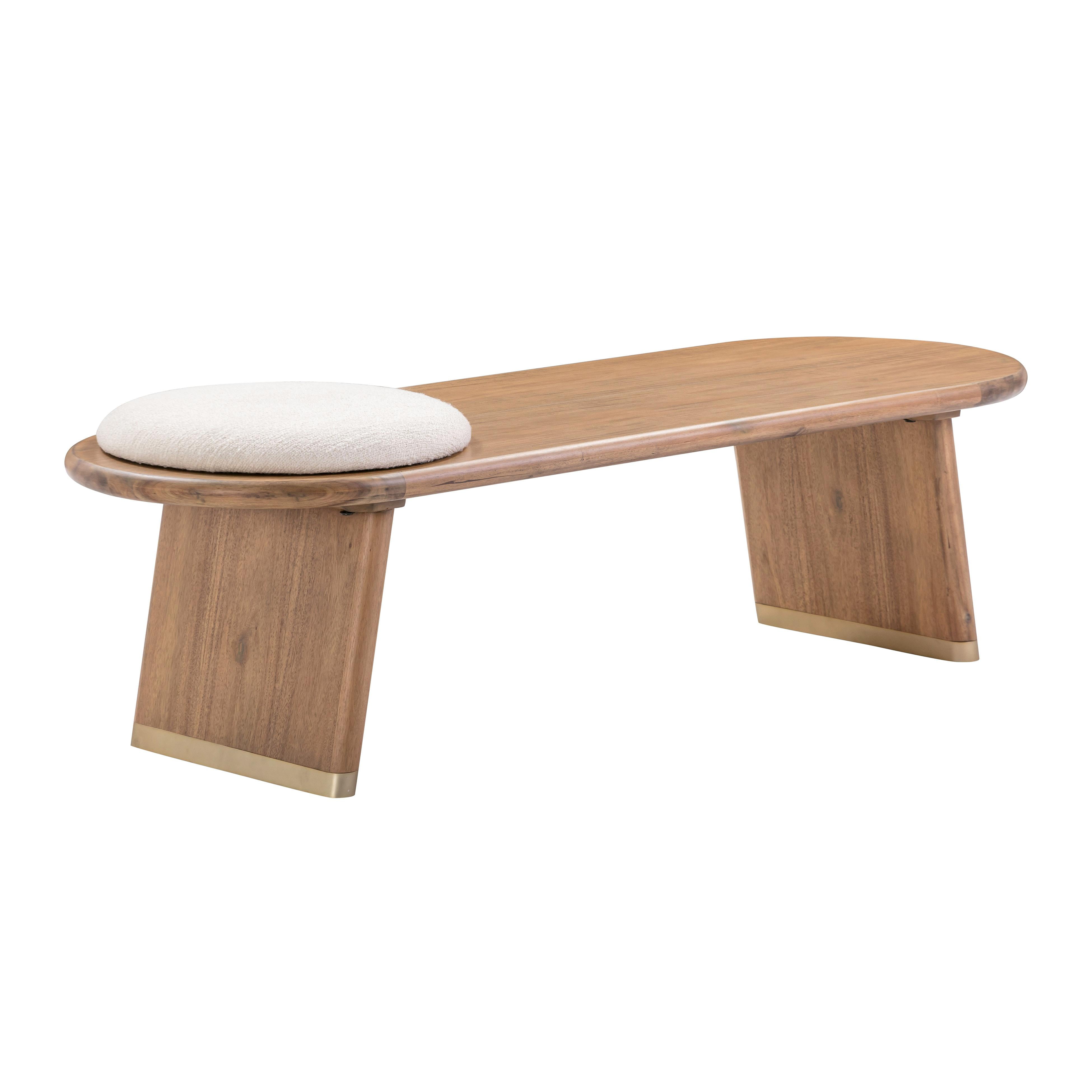 Samantha Cognac Acacia Bench with Gold Accents and Boucle Seat