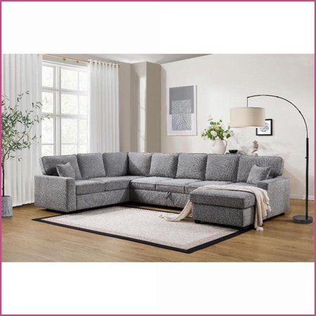Samara 137”W Modern Gray Chenille Sectional Sofa with Right-Facing Chaise, Underseat Storage & Throw Pillows | Gray | Chenille | Square Arms