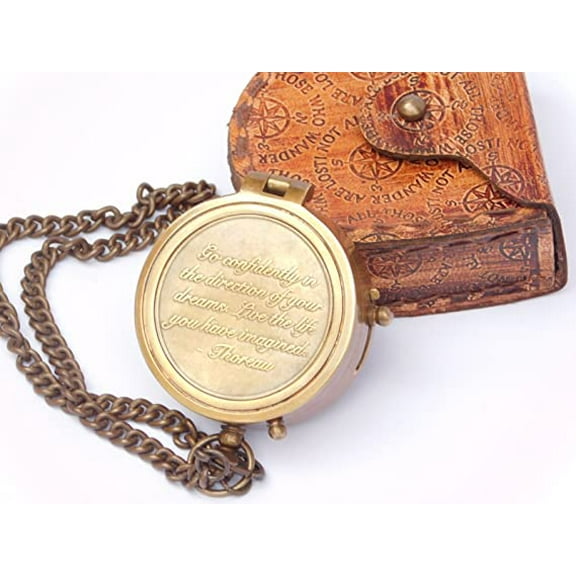 Samara Nautical Thoreau's Go Confidently Quote Engraving Compass with Embossing Leather Case