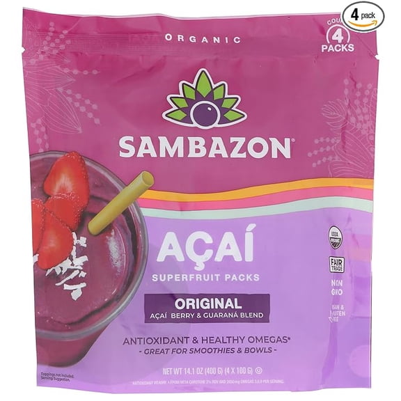 Sambazon Acai Berry and Guarana Smoothie Superfruit Pack, 14.1 Ounce, 4 Count