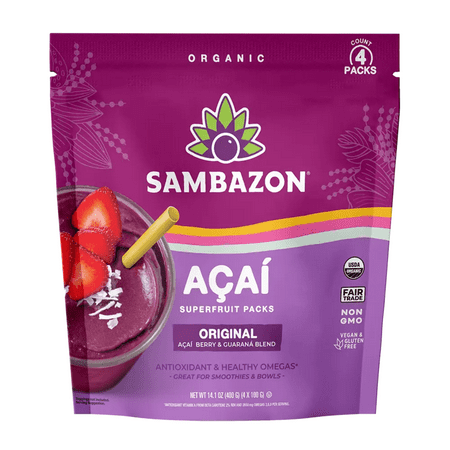 Sambazon, Organic, Original Acaí Superfruit Packs, 4 Count, 14.1 oz (Frozen)