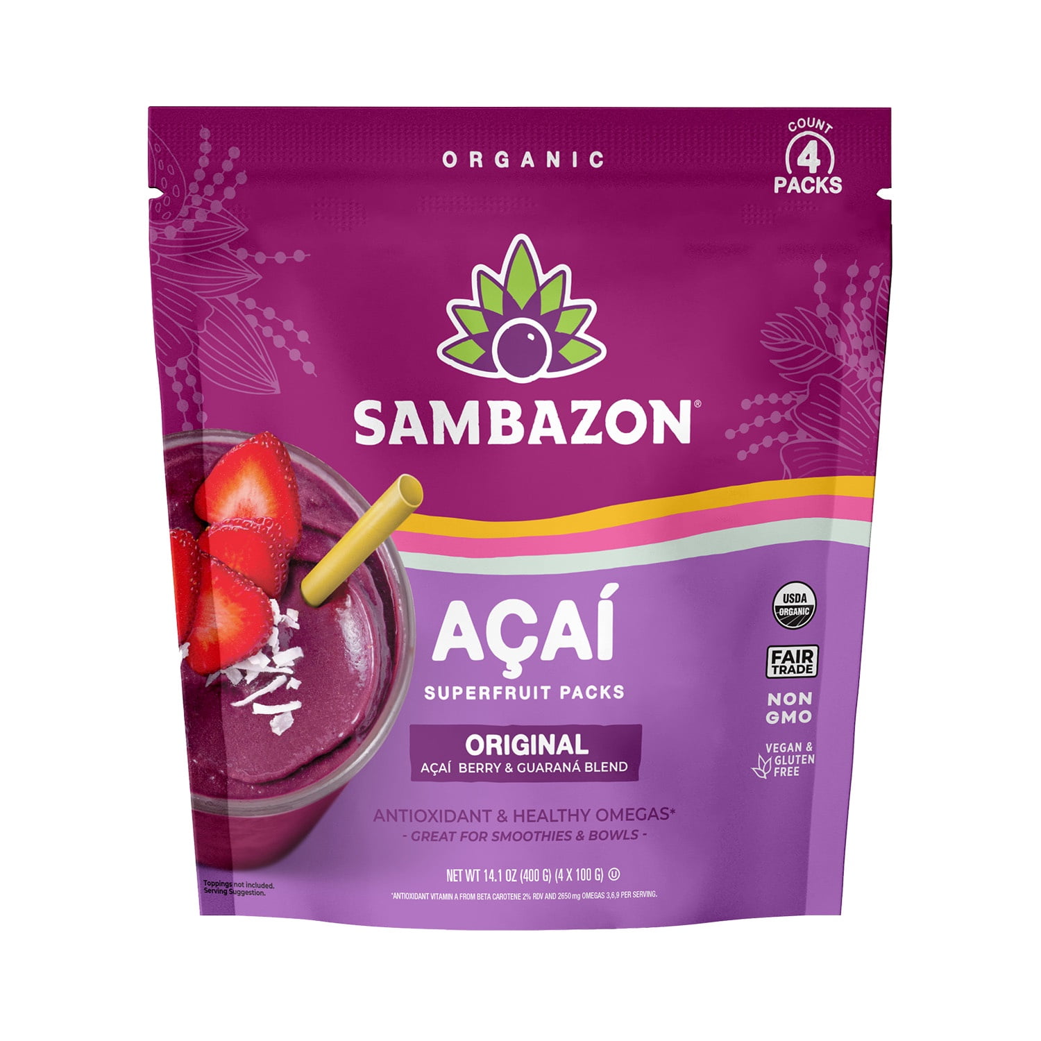 Sambazon Original Blend Acai Superfruit, Plant-Based Meal, 14.1 oz , 4 Count (Frozen)
