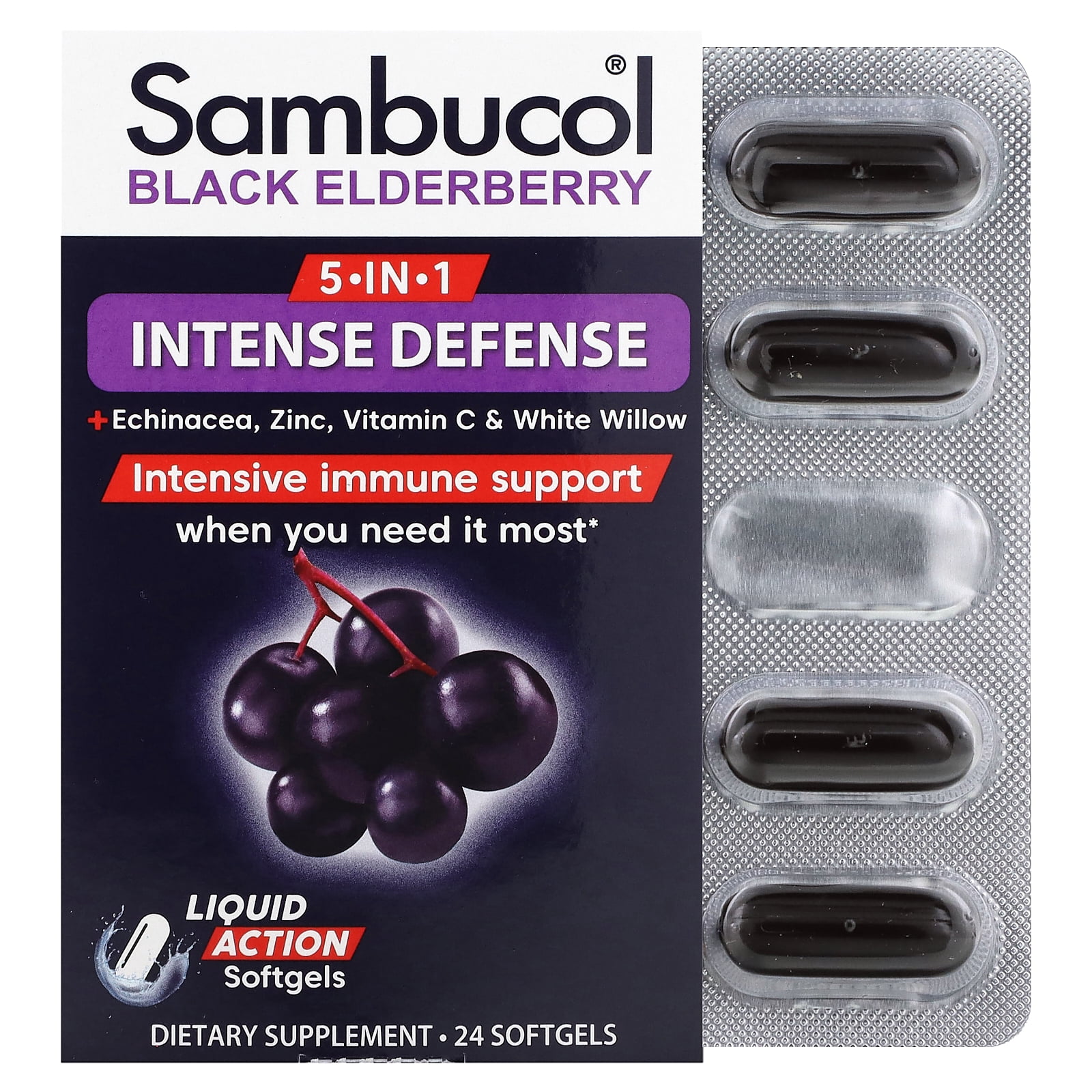 Sambucol Black Elderberry 5-in-1 Intense Defense Liquid Action Softgels ...