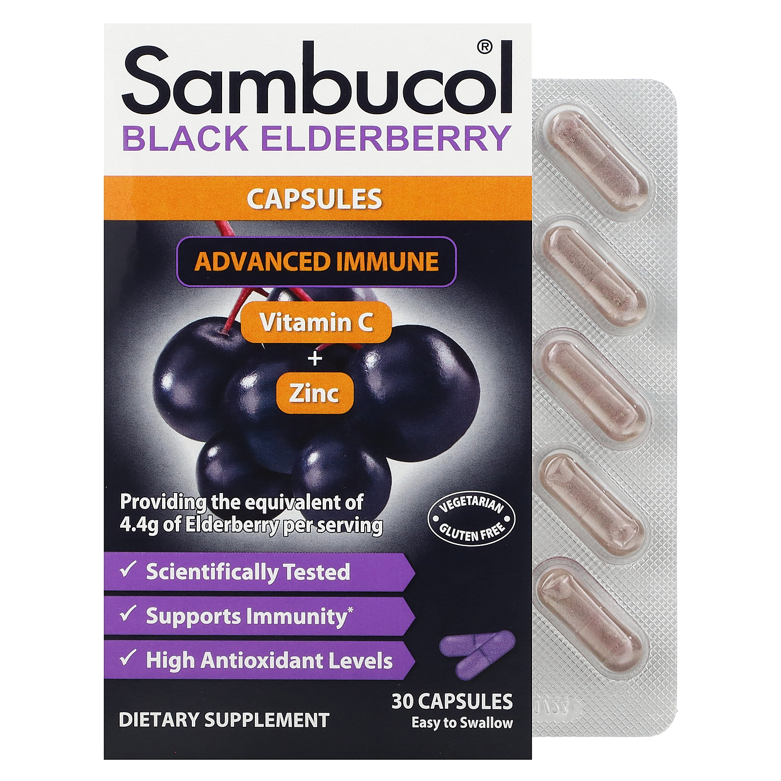 Sambucol, Black Elderberry Capsules, Advanced Immune + Vitamin C + Zinc ...