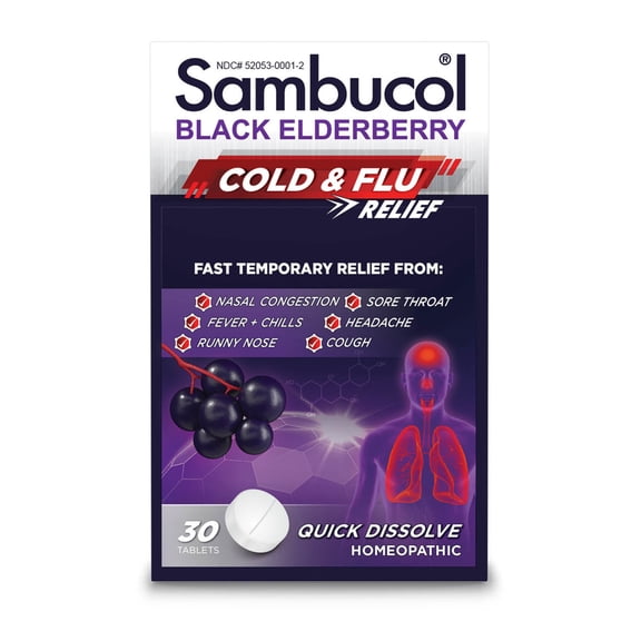Sambucol Cold and Flu Relief Tablets, Homeopathic Black Elderberry, 30 Tabs