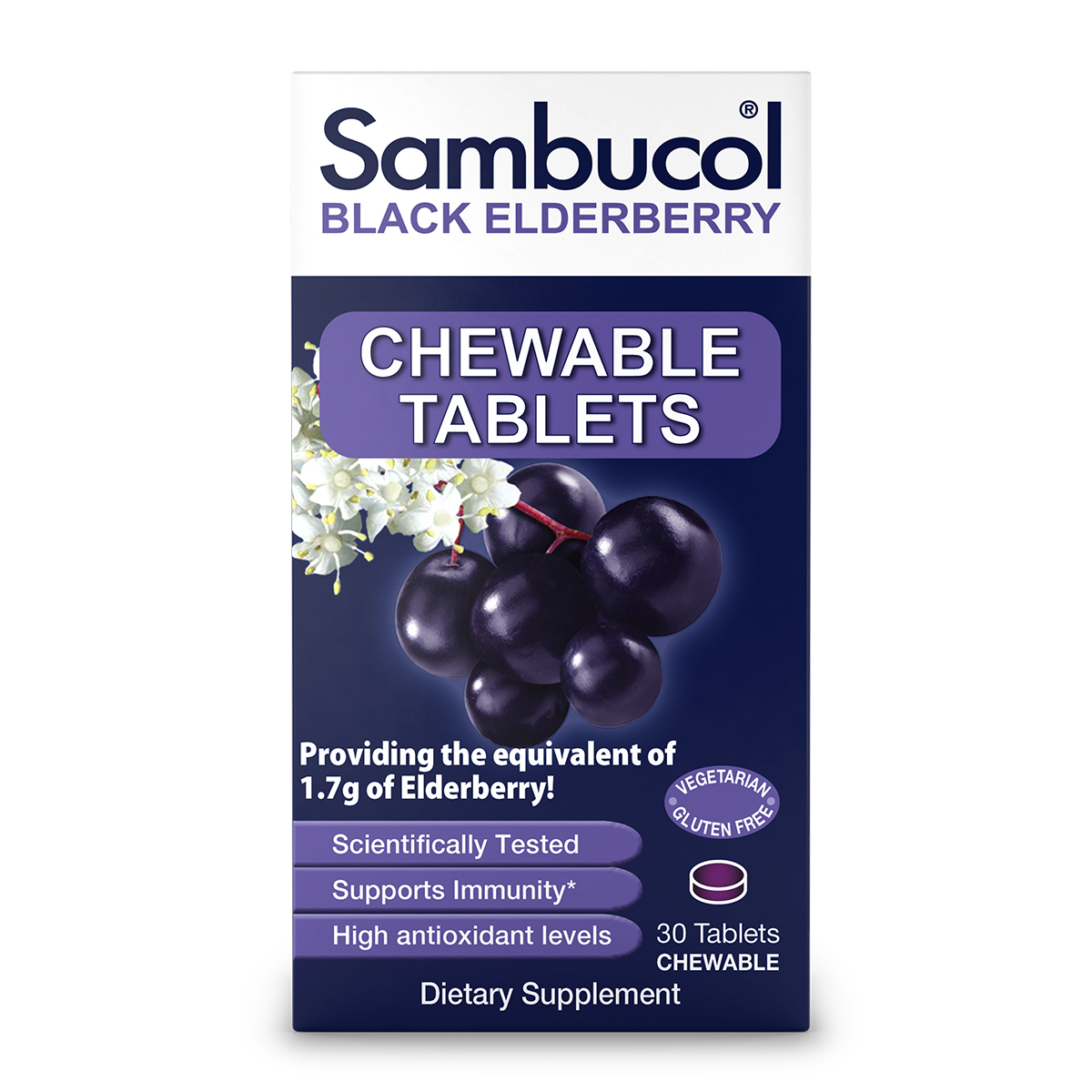 Sambucol Black Elderberry Immune Support Chewable Tablets with Vitamin C, 30 Count - image 1 of 10