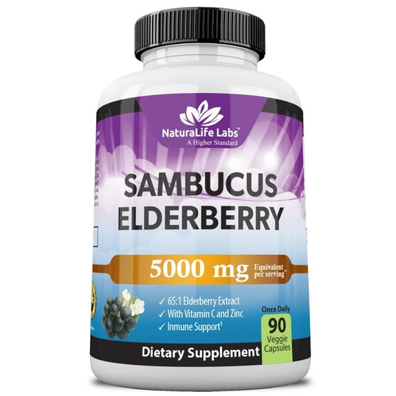 Sambucus Elderberry 5,000 mg Super Concentrated 65:1 with Vitamin C & Zinc - 90 Day Supply - Sambucus Extract Immune Support, Immune Defense| Non-GMO | 90 Veggie Capsules