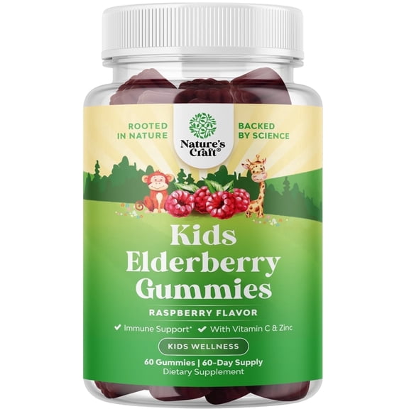 Natures Craft Kids Elderberry Gummies with Zinc and Vitamin C, Immune Support Supplement, 60 Count