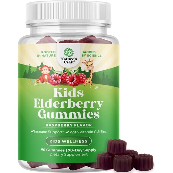 Natures Craft Kids Elderberry Gummies with Zinc and Vitamin C, Immune Support Supplement, 90 Count