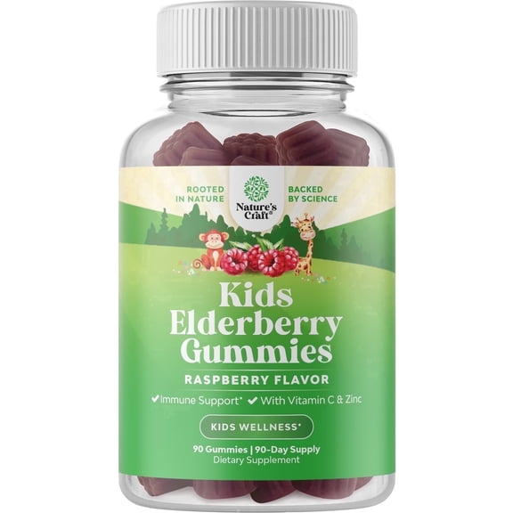 Sambucus Elderberry Gummies for Kids Immunity - Nature's Craft Delicious Black Elderberry Gummies with Vitamin C and Zinc 90ct - Kids Immune Support Gummy Vitamins with Potent Antioxidants