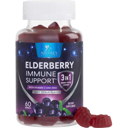 Elderberry Gummies - 3X Strength Black Elderberry Immune Support Gummy with Vitamin C, D3 and Zinc for Kids & Adults, Immune Health Support Supplement Gummy, Black Elder Berry Vitamins - 60 Gummies
