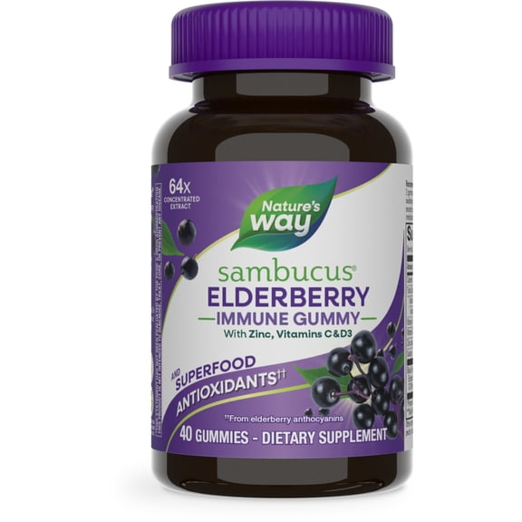Nature's Way Sambucus Elderberry Gummies, Immune Support*, Vitamin C & Zinc, 40 Gummies
