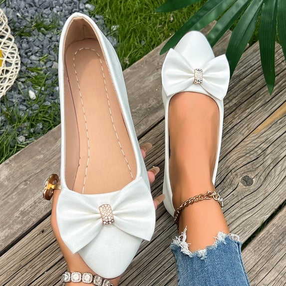 Samdudou Ballet Flats for Women Pointed Closed Toe Slip On Dress Shoes Large Bowknot Detail with Rhinestone Accent for Wedding Party