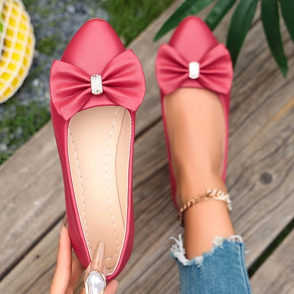 Samdudou Ballet Flats for Women Pointed Closed Toe Slip On Dress Shoes Large Bowknot Detail with Rhinestone Accent for Wedding Party