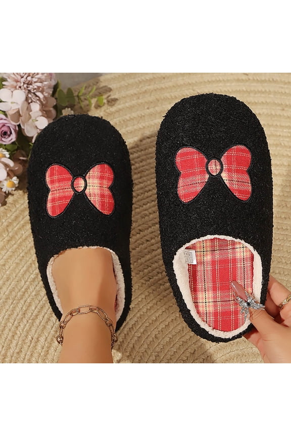 Bedroom Slippers for Women Closed Toe Teddy Fleece Mules Plaid Bowknot Patch House Shoes Warm Flannel Lining Memory Foam Anti Skid Indoor Outdoor Scuffs