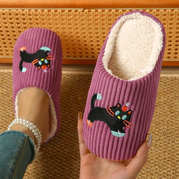 Samdudou Bedroom Slippers for Women Corduroy House Shoes Cute Party Cat Embroidery Warm Plush Fleece Lined Closed Toe Anti-Slip Rubber Sole Slip-On Indoor Fluffy Winter Footwear