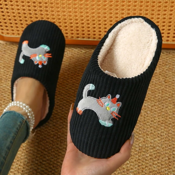 Samdudou Bedroom Slippers for Women Corduroy House Shoes Cute Party Cat Embroidery Warm Plush Fleece Lined Closed Toe Anti-Slip Rubber Sole Slip-On Indoor Fluffy Winter Footwear