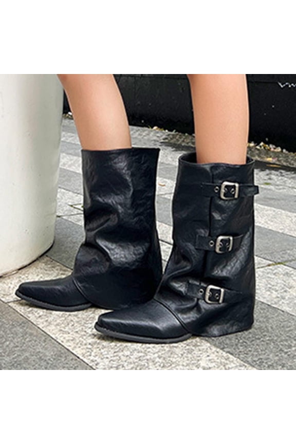 Biker Boots for Women Closed Toe Mid Calf Slouch Booties Smooth Faux Leather Multiple Buckle Straps Edgy Grunge Aesthetic Casual Streetwear Footwear