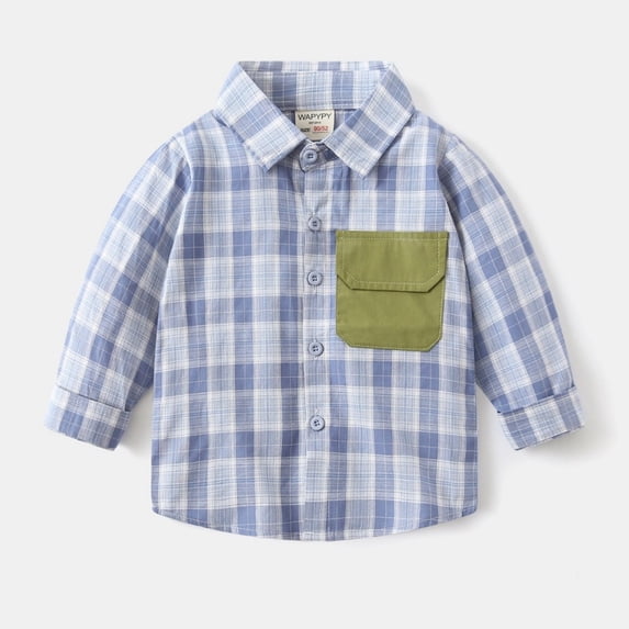 Samdudou Boys Casual Shirts Long Sleeve Plaid Shacket Fall Spring Fashion Button Down Jacket Lapel Collared Outerwear with Chest Pocket Size 2-8 Years