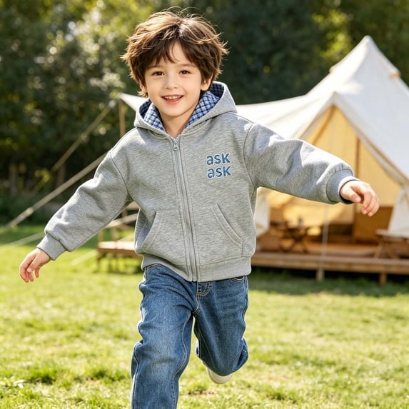 Samdudou Boys Zip Up Hoodies Plaid Lined Sweatshirts Fall Winter Casual Jackets Kids Long Sleeve Outerwear Daily Play Clothes with Kangaroo Pocket
