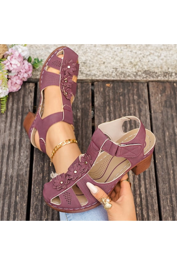 Chunky Heel Sandals for Women Closed Toe Cutout Fisherman Style 3D Floral Embellished Adjustable Strap Retro Casual Summer Evening Party Dressy Footwear