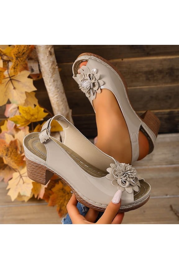 Chunky Heel Sandals for Women Open Toe Slingback Peep Design Oversized 3D Floral Applique Adjustable Buckle Strap Dressy Evening Party Wedding Shoes