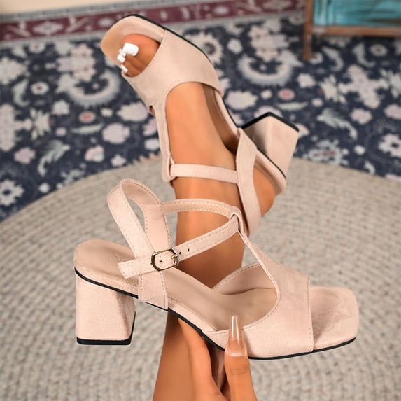 Samdudou Chunky Heels for Women Open Toe Block Heeled Sandals Square Front T-Strap Ankle Buckle Closure Matte Faux Suede Finish Dressy Casual Office Wedding Pumps