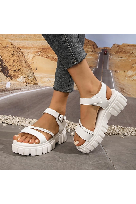 Chunky Sandals for Women Open Toe Lug Sole Strappy Gladiator Sandals Braided Cord Detail Adjustable Metal Buckle Ankle Strap Heavy Duty Footwear
