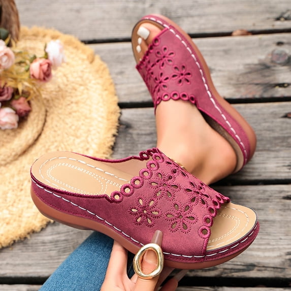 Samdudou Chunky Sole Slide Sandals for Women Open Toe Slip On Wedges Elegant Laser Cutout Floral Pattern Scalloped Edges Casual Summer Beach Vacation Walking Shoes