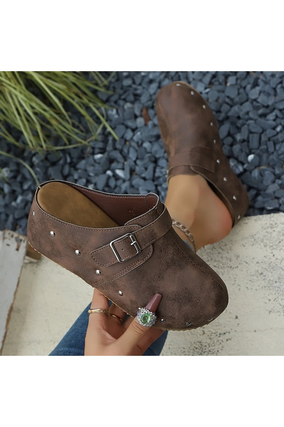 Clogs for Women Closed Toe Slip On Mule Sandals Vintage Distressed Leather Buckle Strap Retro Studded Rivets Round Toe Low Heel Slides Wooden Style