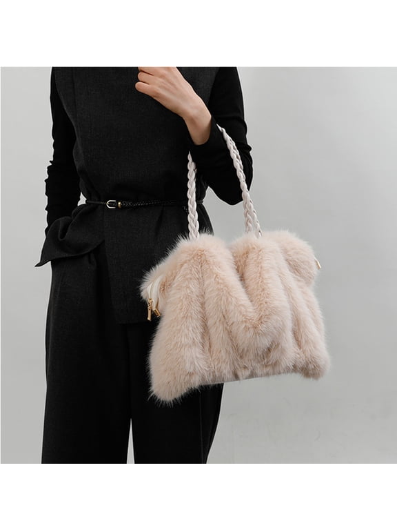 Crossbody Bags for Women Winter Faux Fur Handbags Fashion Fluffy Shoulder Purse Top Handle Evening Bag with Braided Strap and Metal Chain