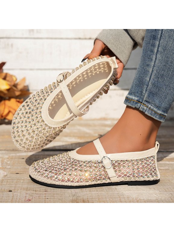 Dress Shoes for Women Closed Toe Mary Jane Flats Edgy All Over Spiked Stud Embellishments Sheer Breathable Mesh Slip On Summer Evening Party Chic Footwear