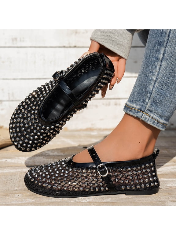 Dress Shoes for Women Closed Toe Mary Jane Flats Edgy All Over Spiked Stud Embellishments Sheer Breathable Mesh Slip On Summer Evening Party Chic Footwear