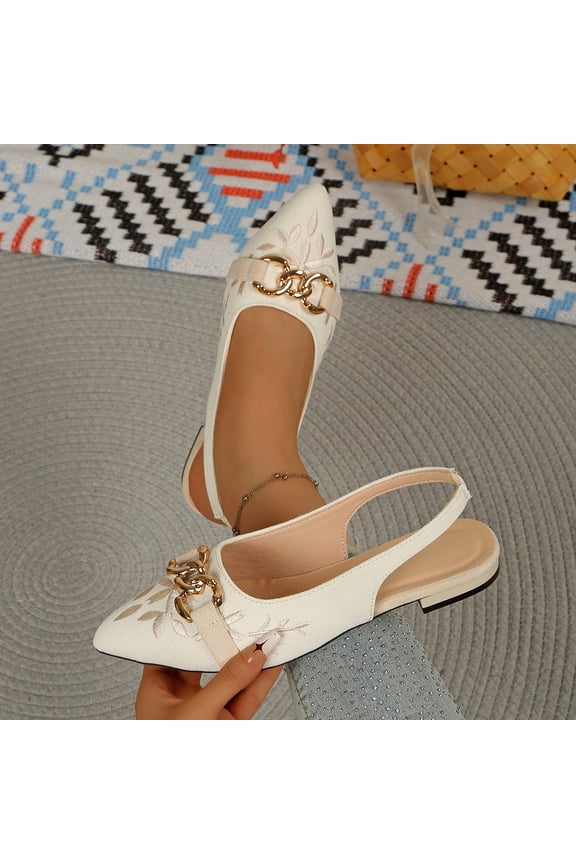 Dress Shoes for Women Closed Toe Pointed Front Slingback Flats Canvas Texture Elegant Botanical Embroidery Chunky Chain Link Hardware Office Evening Party Shoes