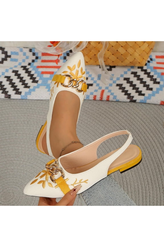 Dress Shoes for Women Closed Toe Pointed Front Slingback Flats Canvas Texture Elegant Botanical Embroidery Chunky Chain Link Hardware Office Evening Party Shoes