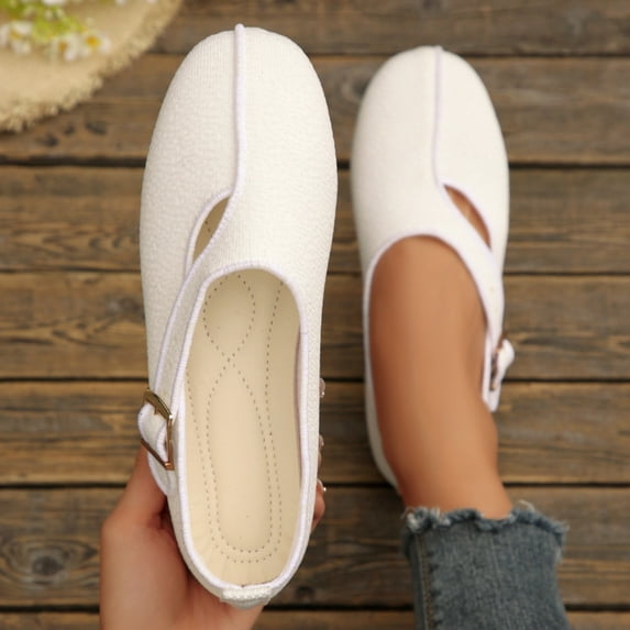 Samdudou Dress Shoes for Women Closed Toe Round Front Slip On Flats Unique Asymmetrical Buckle Strap Woven Textured Fabric Minimalist Aesthetic Everyday Footwear