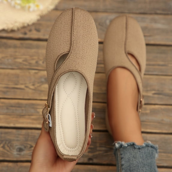 Samdudou Dress Shoes for Women Closed Toe Round Front Slip On Flats Unique Asymmetrical Buckle Strap Woven Textured Fabric Minimalist Aesthetic Everyday Footwear