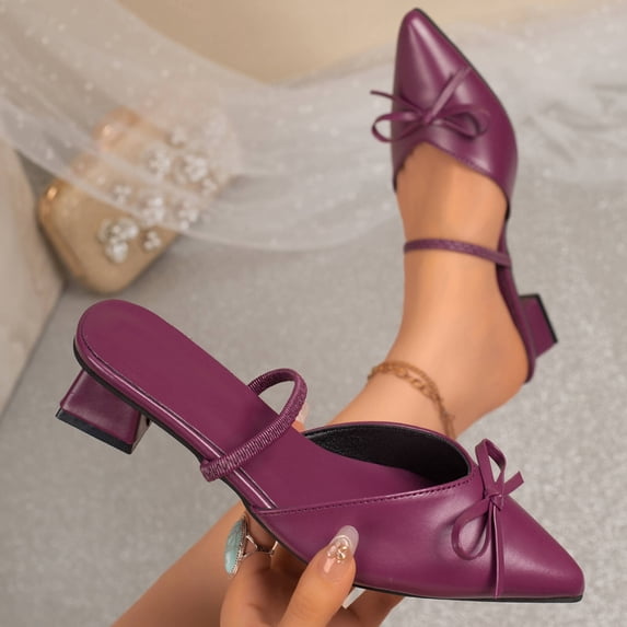 Samdudou Dress Shoes for Women Elegant Closed Pointed Toe Low Block Heel Slip On Mules Delicate Bow Accent Elastic Ankle Strap Office Work Pumps Evening Party Footwear