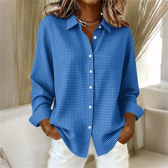 Samdudou Fall Clothes for Women Long Sleeve Gingham Plaid Shirts Button Up Checkered Blouse Classic Vintage Pattern Work Apparel
