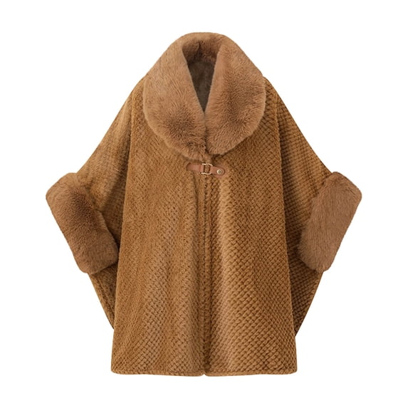Samdudou Fall Coats for Women Elegant Cloak Waffle Textured Knit Cape Faux Fur Trimmed Neckline Front Clasp Closure Outerwear for Evening Events Sophisticated Wardrobe
