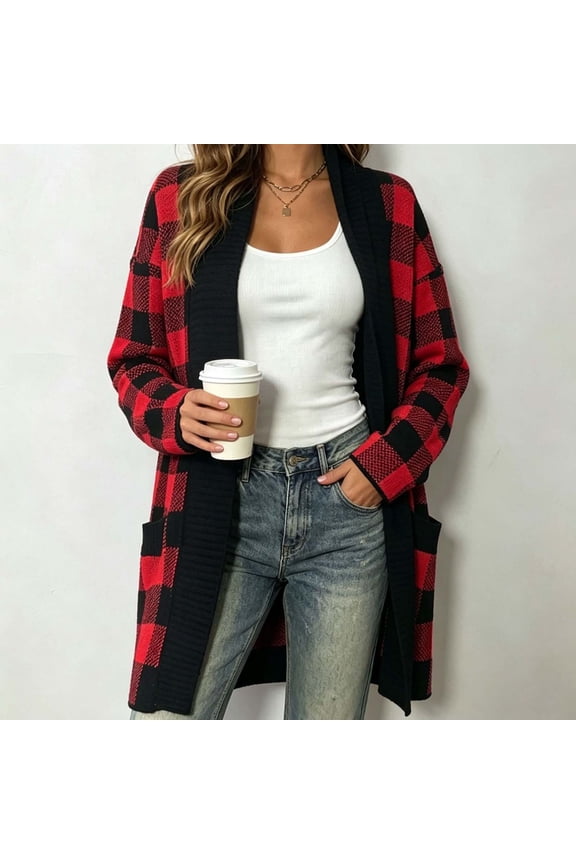 Fall Outfits for Women Plaid Open Front Cardigan Long Duster Sweaters with Pockets Lapel Collar Trendy Outerwear Classic Plaid Casual Coats