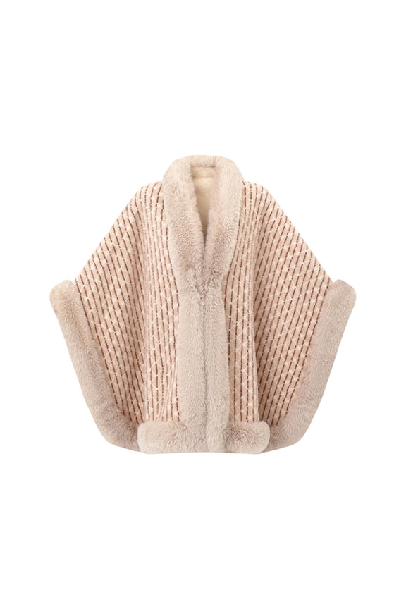Fall Sweaters for Women Striped Pattern Poncho Wrap with Faux Fur Collar Elegant Shawl Open Front Cardigan for Chilly Weather Holiday Vacation Upscale Gatherings