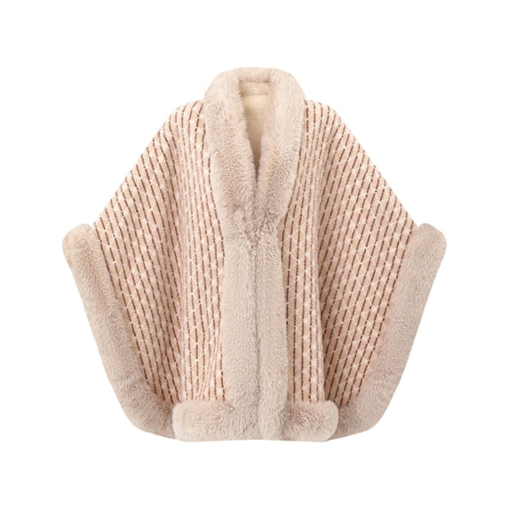 Samdudou Fall Sweaters for Women Striped Pattern Poncho Wrap with Faux Fur Collar Elegant Shawl Open Front Cardigan for Chilly Weather Holiday Vacation Upscale Gatherings