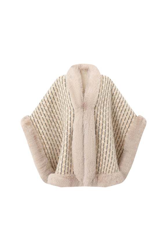 Fall Sweaters for Women Striped Pattern Poncho Wrap with Faux Fur Collar Elegant Shawl Open Front Cardigan for Chilly Weather Holiday Vacation Upscale Gatherings