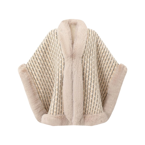 Samdudou Fall Sweaters for Women Striped Pattern Poncho Wrap with Faux Fur Collar Elegant Shawl Open Front Cardigan for Chilly Weather Holiday Vacation Upscale Gatherings