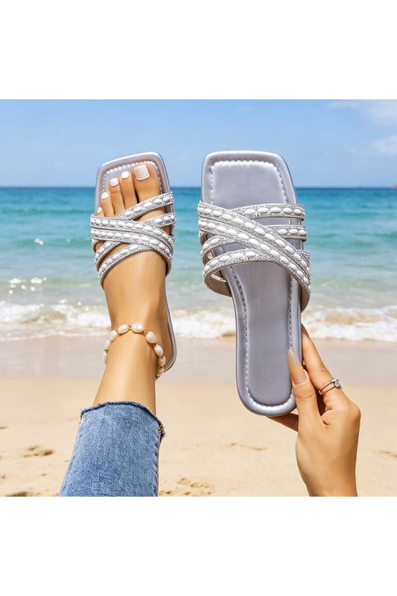 Flat Sandals for Women Open Toe Square Design Criss Cross Straps Sparkly Rhinestone Bling Slip On Slides Casual Summer Beach Evening Party Footwear