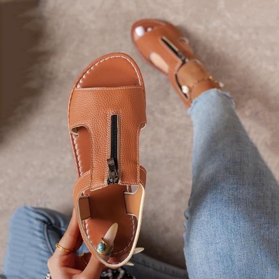 Samdudou Flat Sandals for Women Open Toe Casual Slingback Shoes Stylish Front Zipper Closure Textured Leatherette Upper Daily Walking Footwear